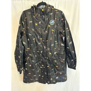 Joules Right As Rain Coat Women's 10 Dogs with Umbrellas Black Hooded Drawstring